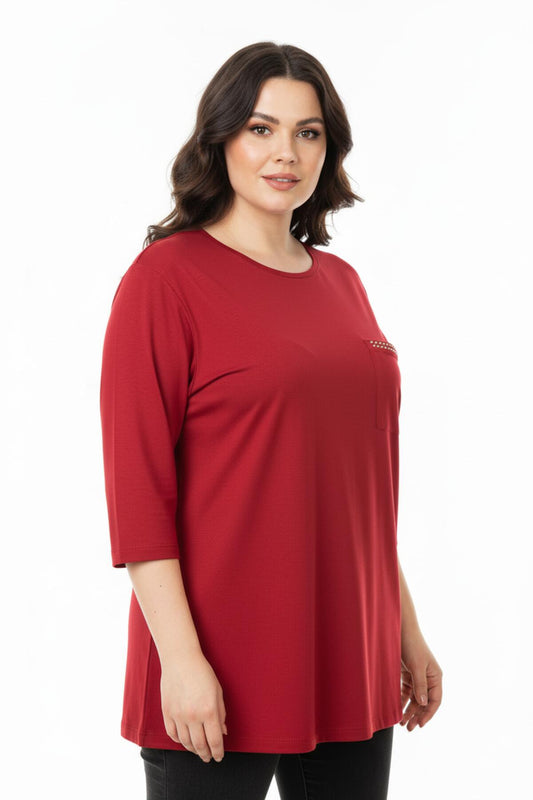 Büyük Beden Kapri Kol Sahte Cep Detay Bluz Kırmızı