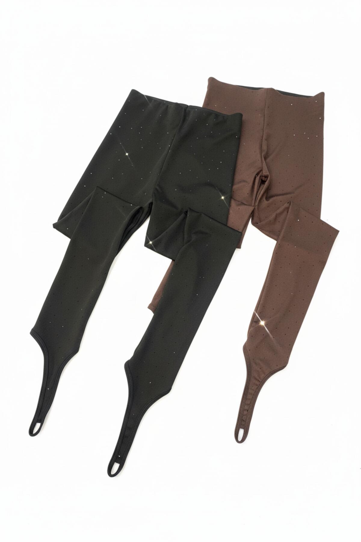 Kadın Parmak Geçmeli Taşlı Tayt Kahverengi