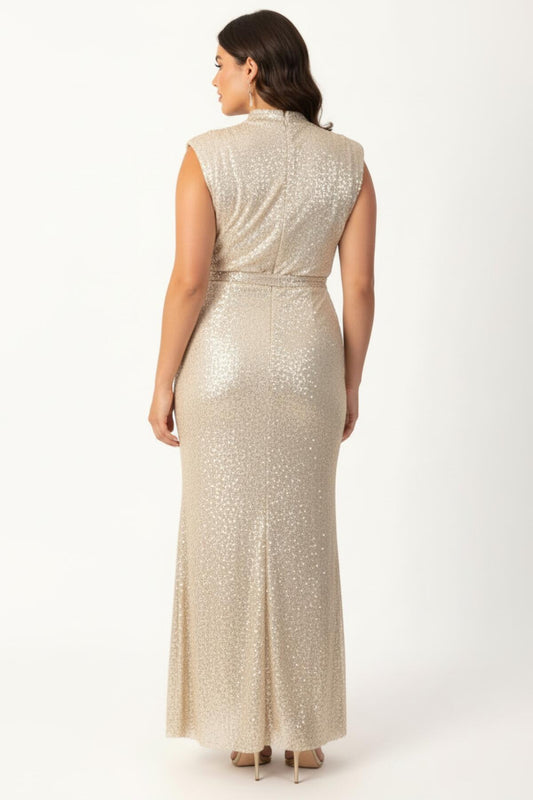 Büyük Beden Kolsuz Kuşaklı Pullu Uzun Abiye Açık Sarı