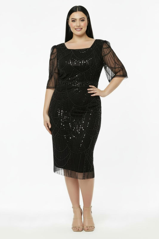 Büyük Beden Uzun Kol Kare Yaka Pullu Boncuklu Abiye Siyah