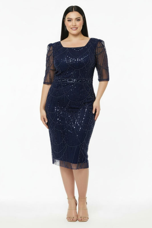 Büyük Beden Uzun Kol Kare Yaka Pullu Boncuklu Abiye Lacivert