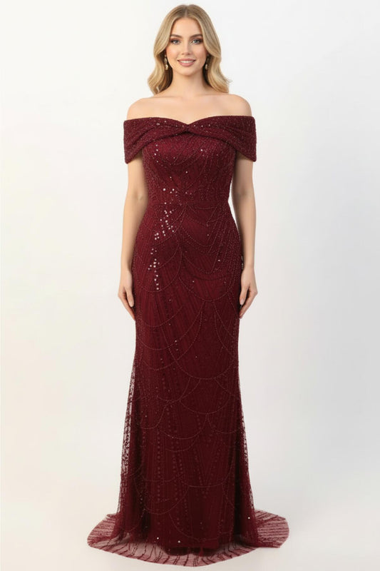 Kadın Yaka Detay Pullu Boncuklu Uzun Abiye Bordo