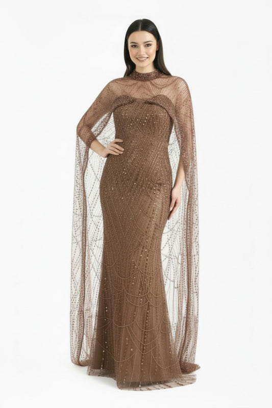 Kadın Pelerinli Pullu Boncuklu İkili Abiye Bej