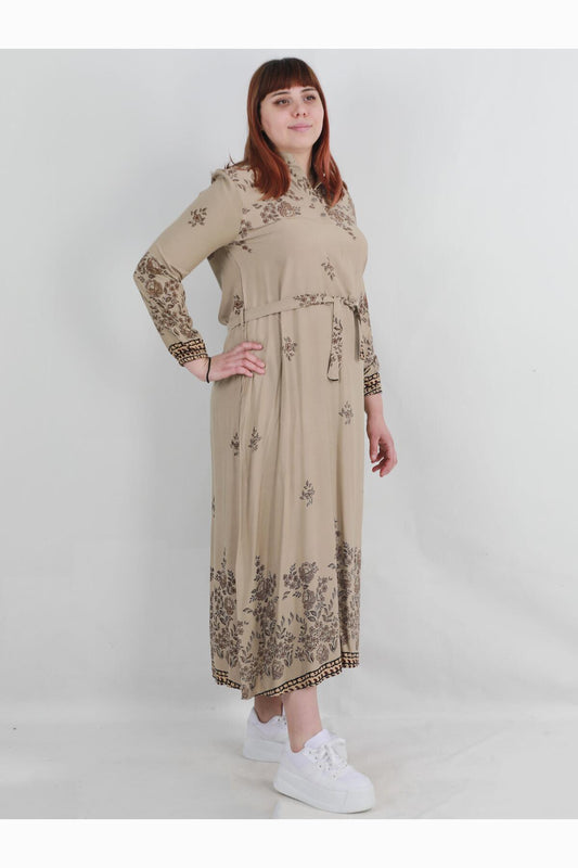 Büyük Beden Desenli Dokuma Kumaş Elbise Bej