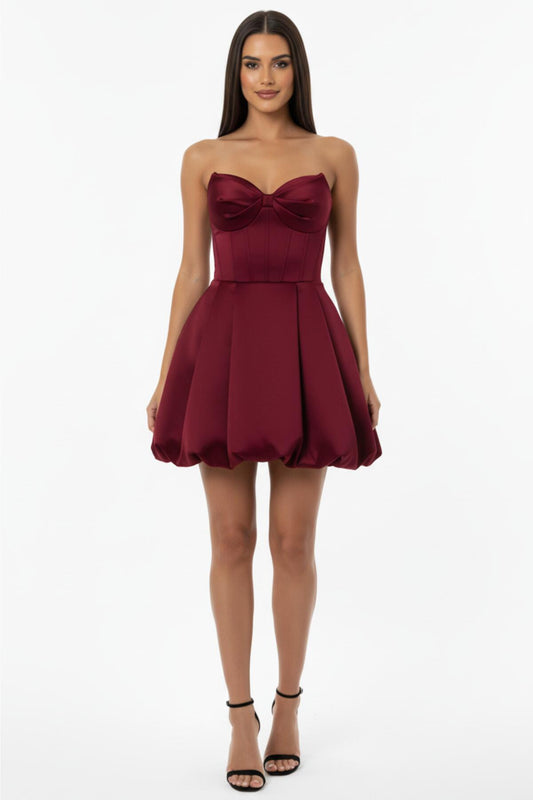 Kadın Bel Tül Detay Kısa Saten Abiye Bordo