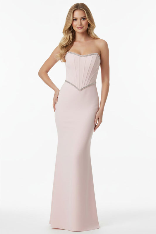 Kadın Taş İşlemeli Uzun Dabl Abiye Pudra