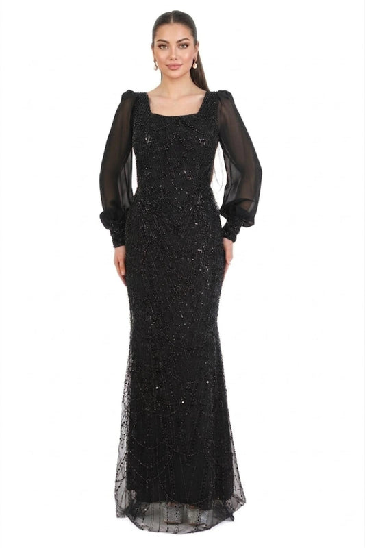 Kadın Manşetli Şifon Kol Pullu Boncuklu Uzun Abiye Siyah