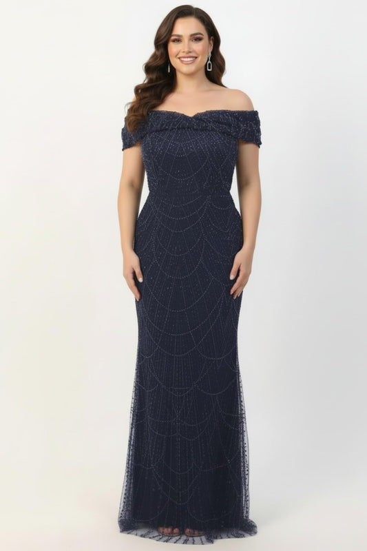 Büyük Beden Yaka Detay Pullu Boncuklu Uzun Abiye Lacivert