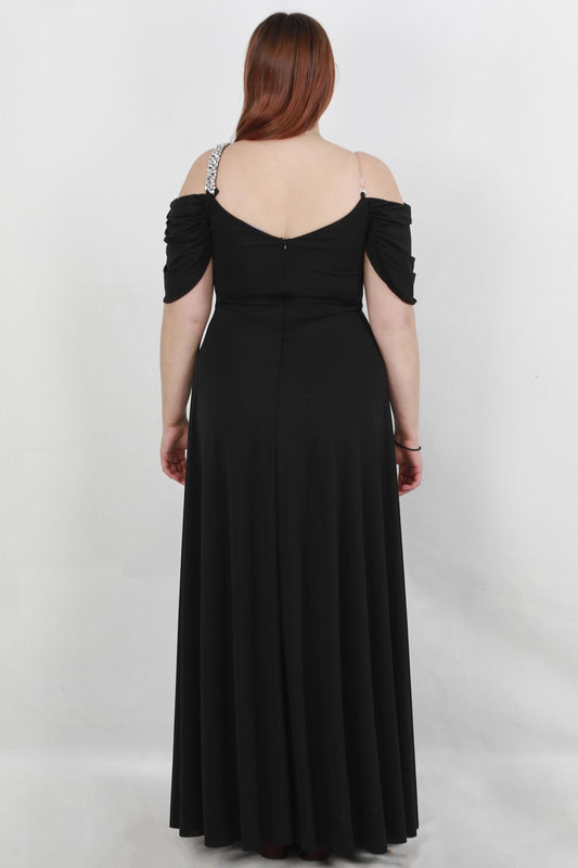 Büyük Beden Yakası Omzu Taşlı Uzun Abiye Siyah