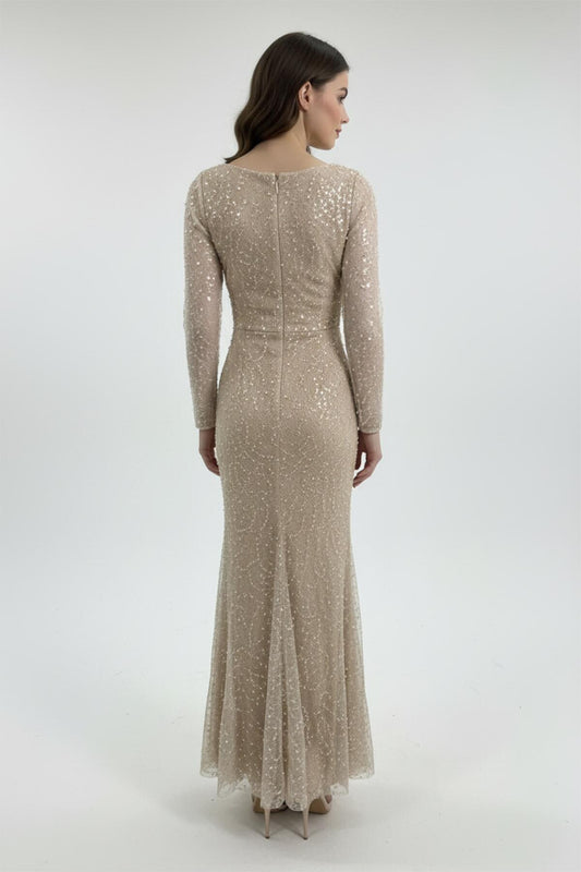 Kadın Uzun Kol Pullu Boncuklu Dantelli Uzun Abiye Bej