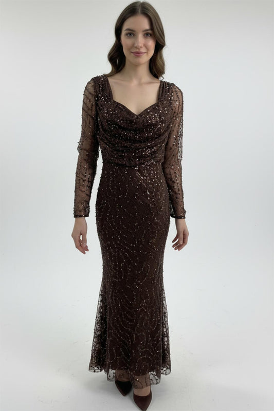 Kadın Uzun Kol Pullu Boncuklu Dantelli Uzun Abiye Kahverengi