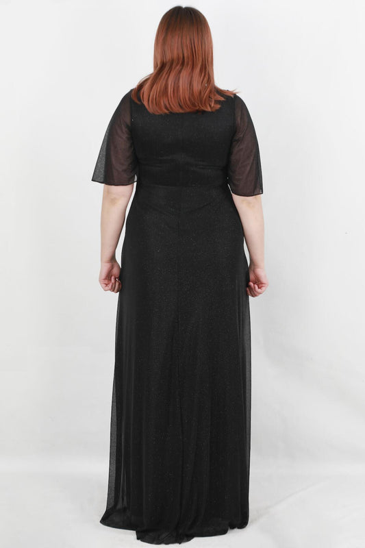 Büyük Beden Beli Taşlı Simli Uzun Tül Abiye Siyah