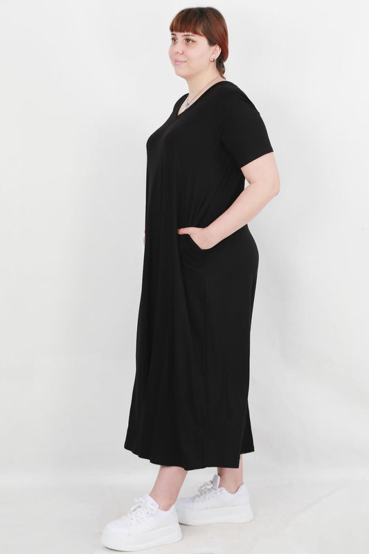 Büyük Beden Bisiklet Yaka Salaş Uzun Kol Elbise Siyah