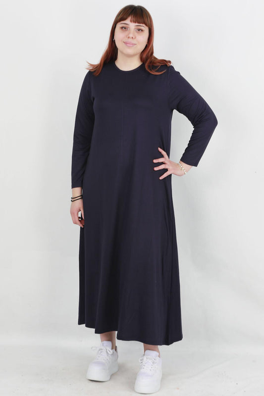 Büyük Beden Bisiklet Yaka Salaş Uzun Kol Elbise Lacivert