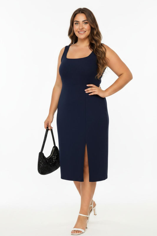 Büyük Beden Kolsuz Kare Yaka Elbise Lacivert