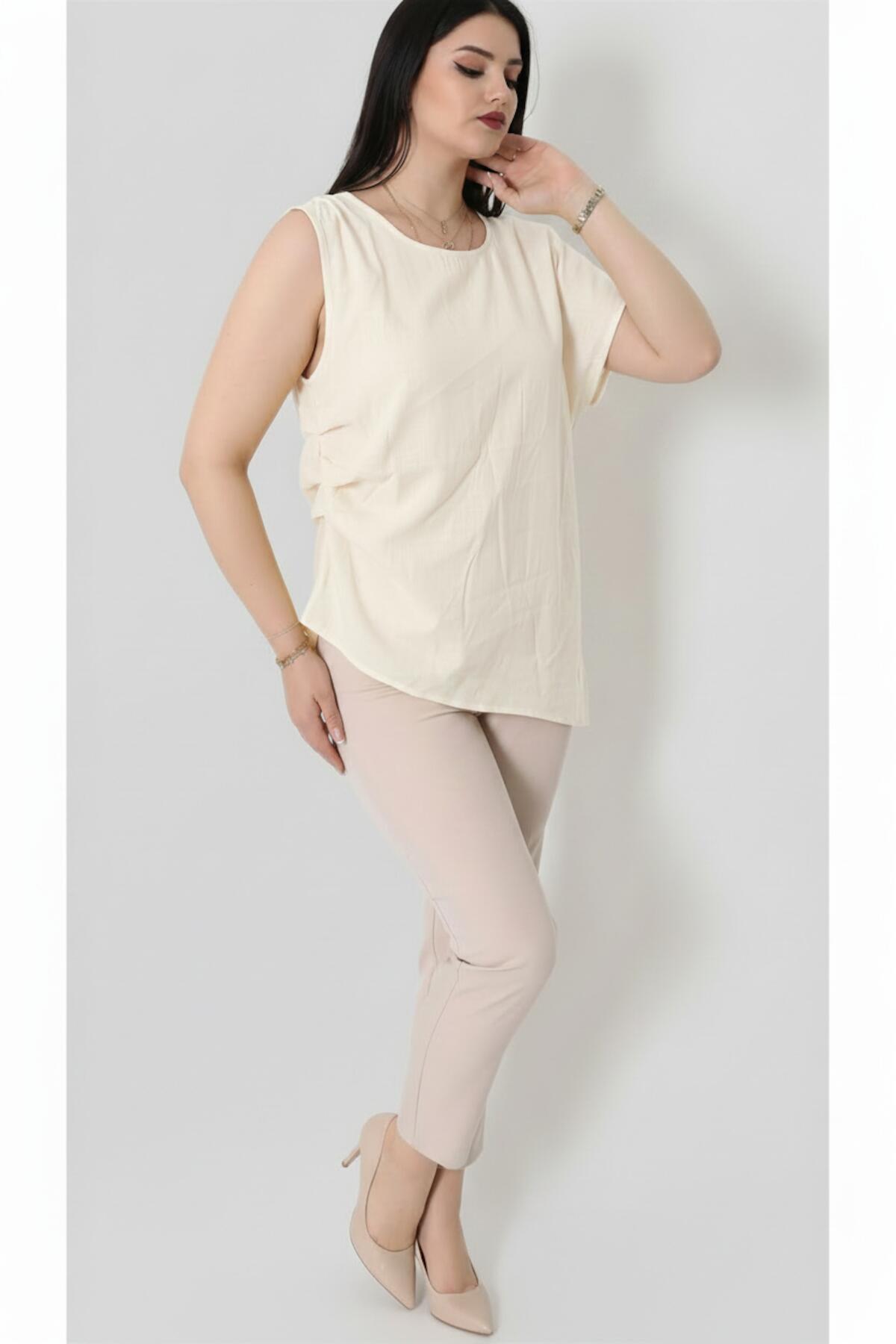 Kadın Tencel Yanı Pileli Bluz Ekru