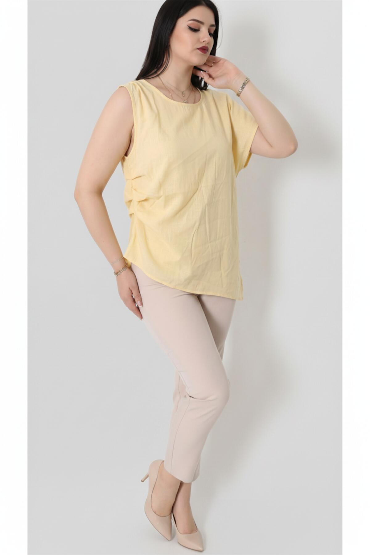Kadın Tencel Yanı Pileli Bluz Sarı