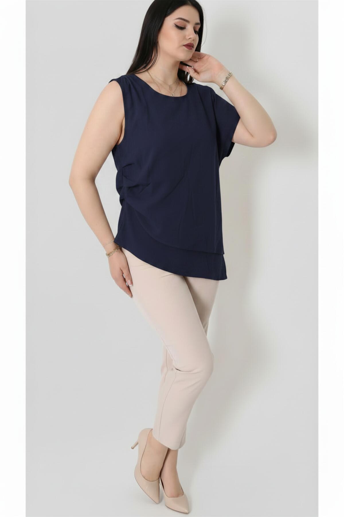 Kadın Tencel Yanı Pileli Bluz Lacivert