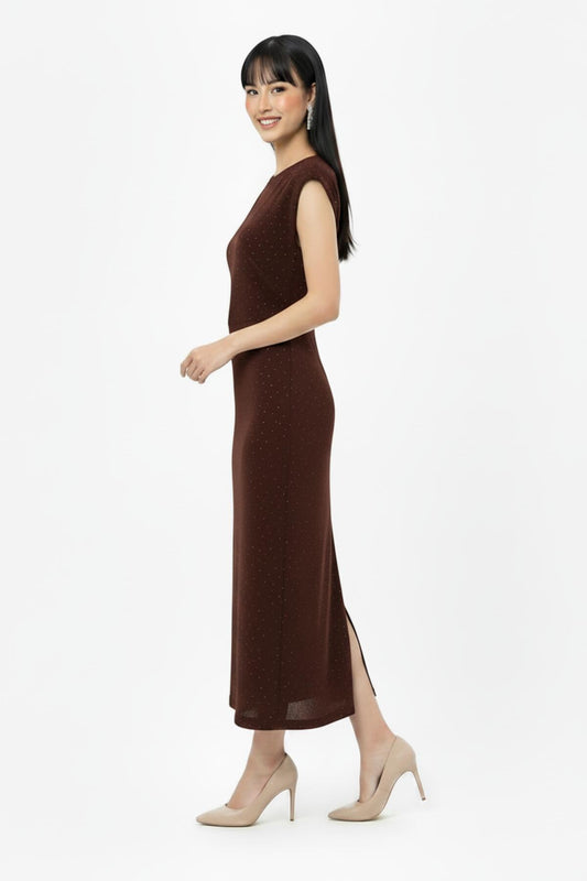 Kadın Bel Büzgülü Taşlı Elbise Kahverengi