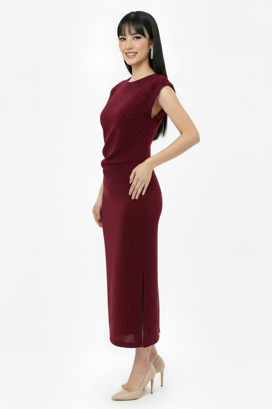 Kadın Bel Büzgülü Taşlı Elbise Bordo