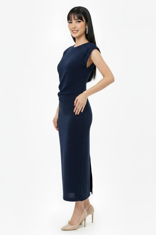 Kadın Bel Büzgülü Taşlı Elbise Lacivert