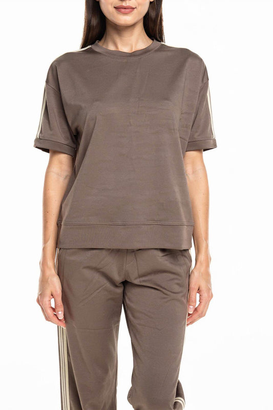 Kadın Şerit Detay Kısa Kol Takım Açık Kahverengi