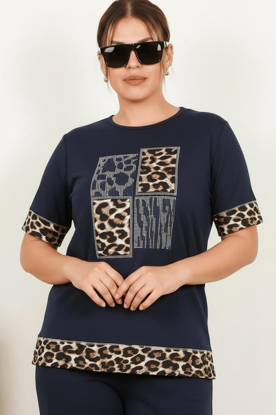 Büyük Beden Leoparlı Taşlı Kısa Kol Takım Lacivert