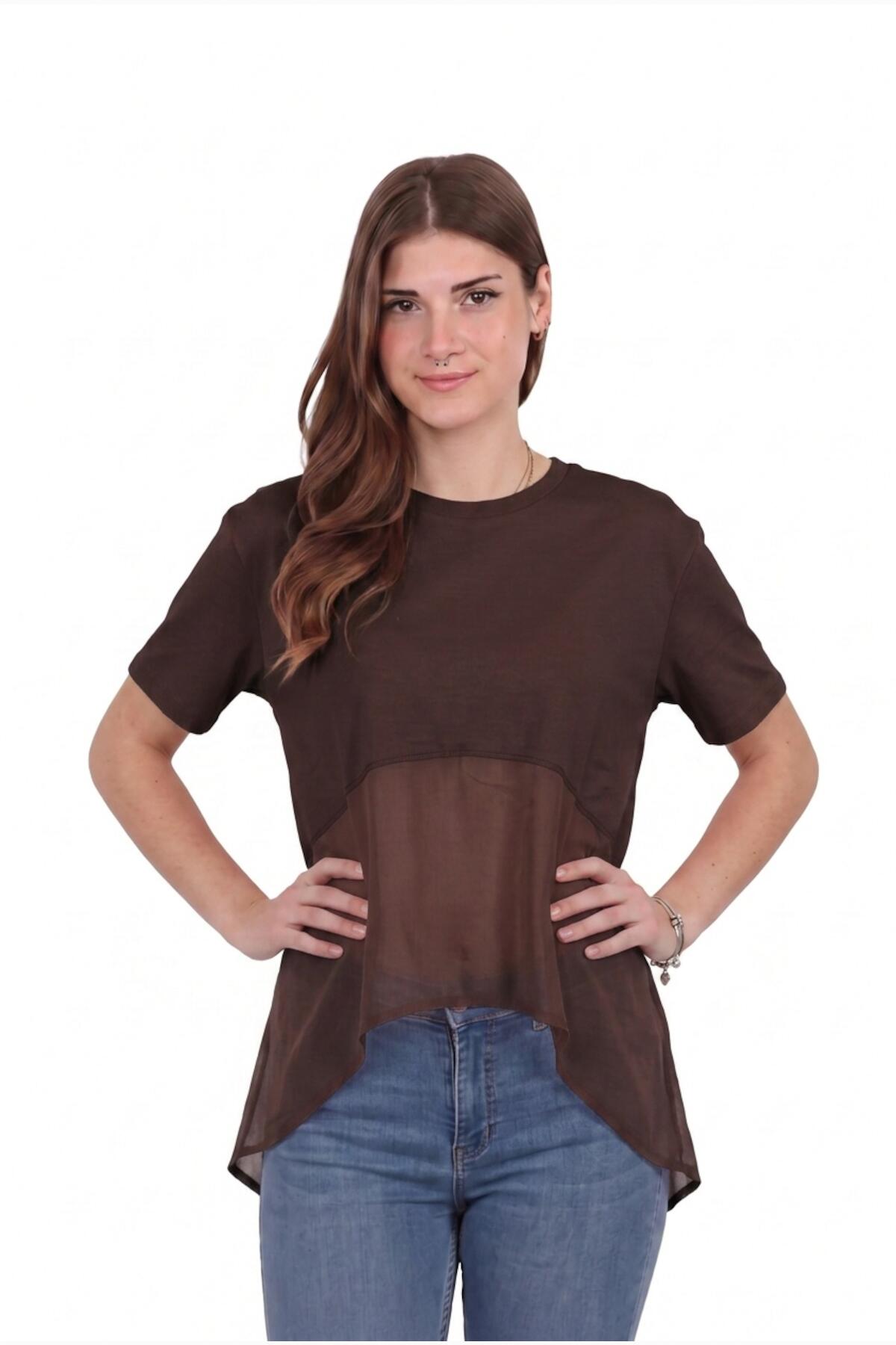 Kadın Tencel Garnili Bluz Kahverengi