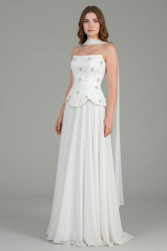Kadın Tül Etek Şal Detay Taş İşlemeli Krep Abiye Beyaz