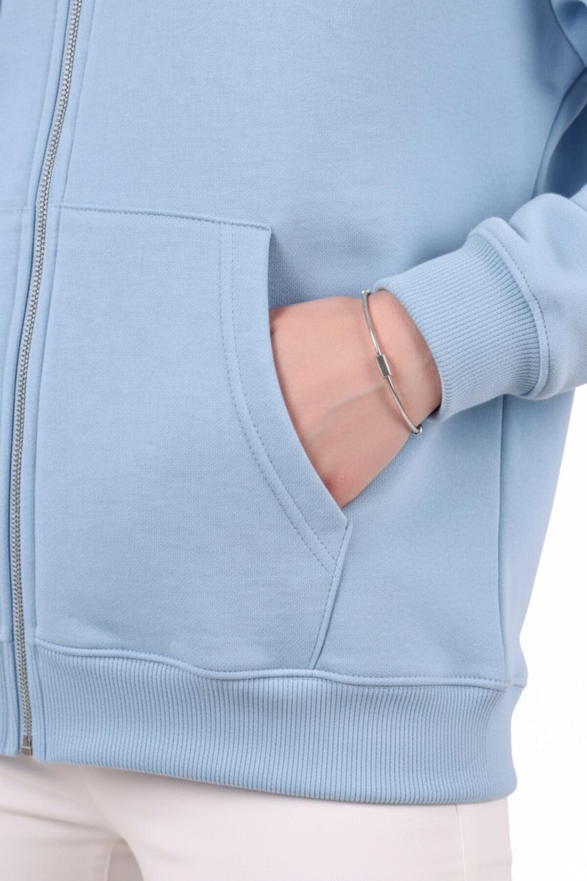 Kadın Kapşonlu Üç İplik Ön Fermuarlı Oversize Sweat Mavi