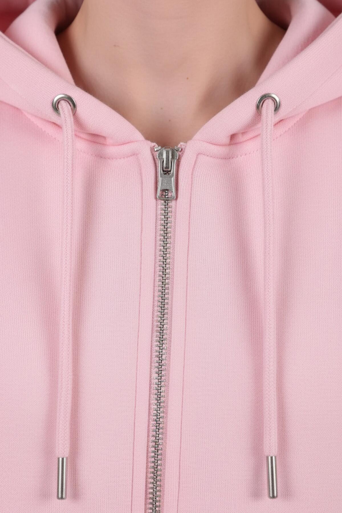Kadın Kapşonlu Üç İplik Ön Fermuarlı Oversize Sweat Pembe
