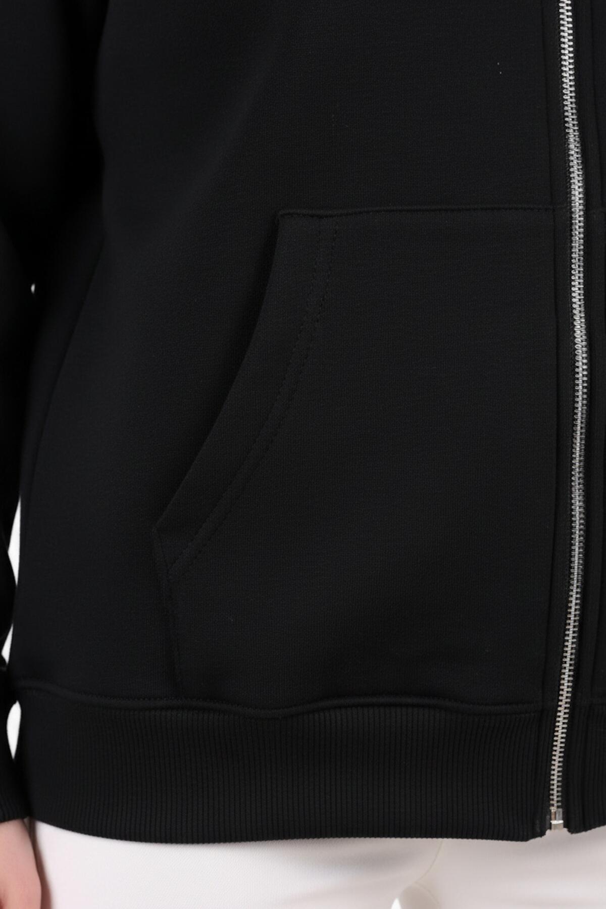 Kadın Kapşonlu Üç İplik Ön Fermuarlı Oversize Sweat Siyah