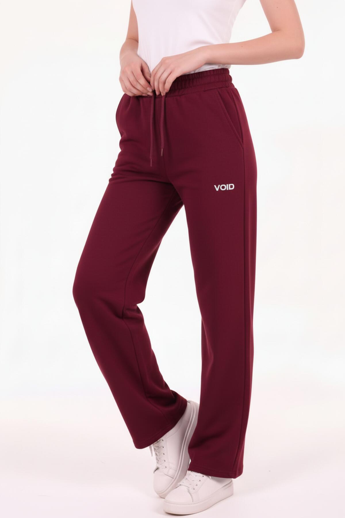 Kadın 3Iplik Yazılı Düz Paça Eşofman Bordo