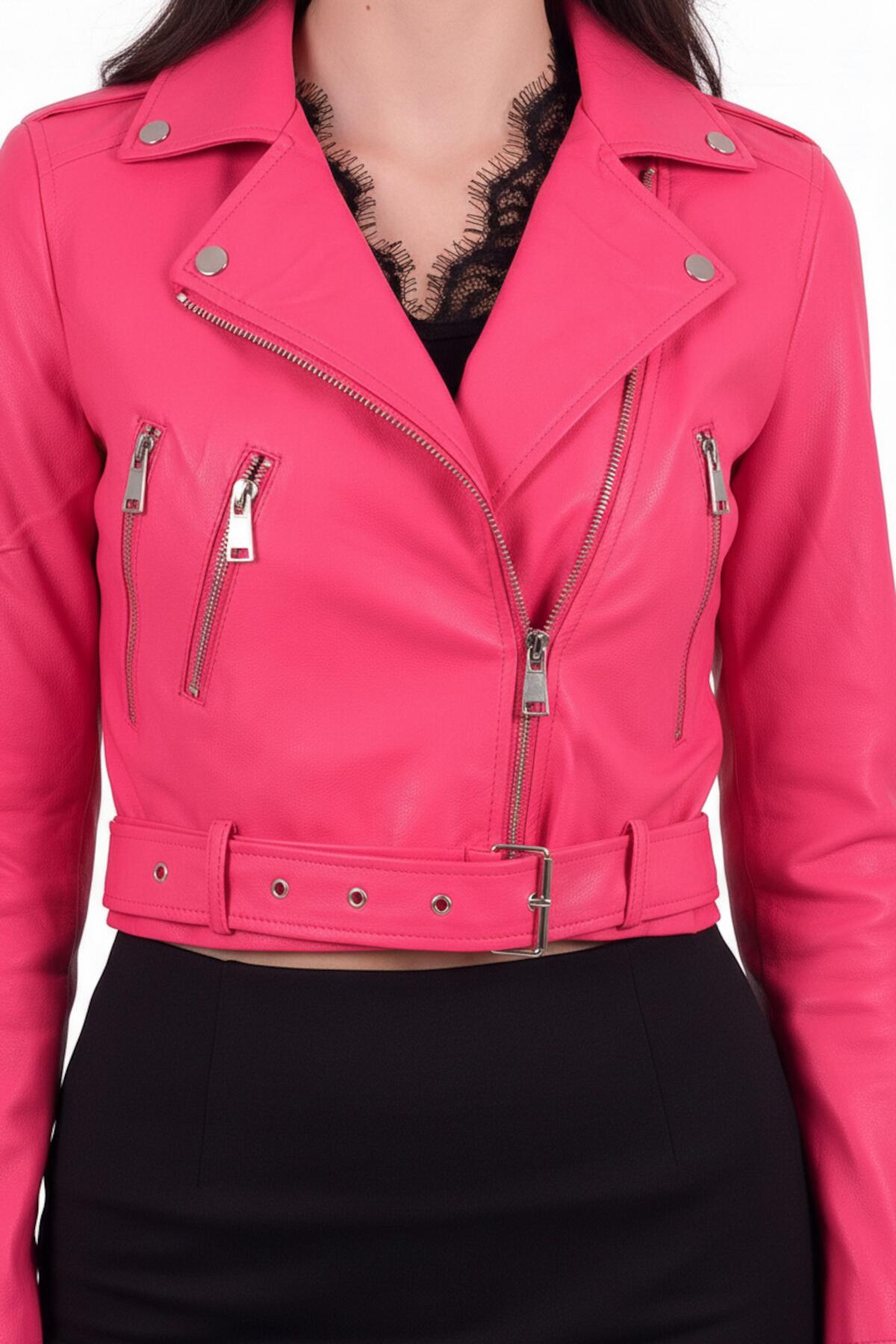 Kadın Fermuar Detay Kısa Deri Ceket Pembe