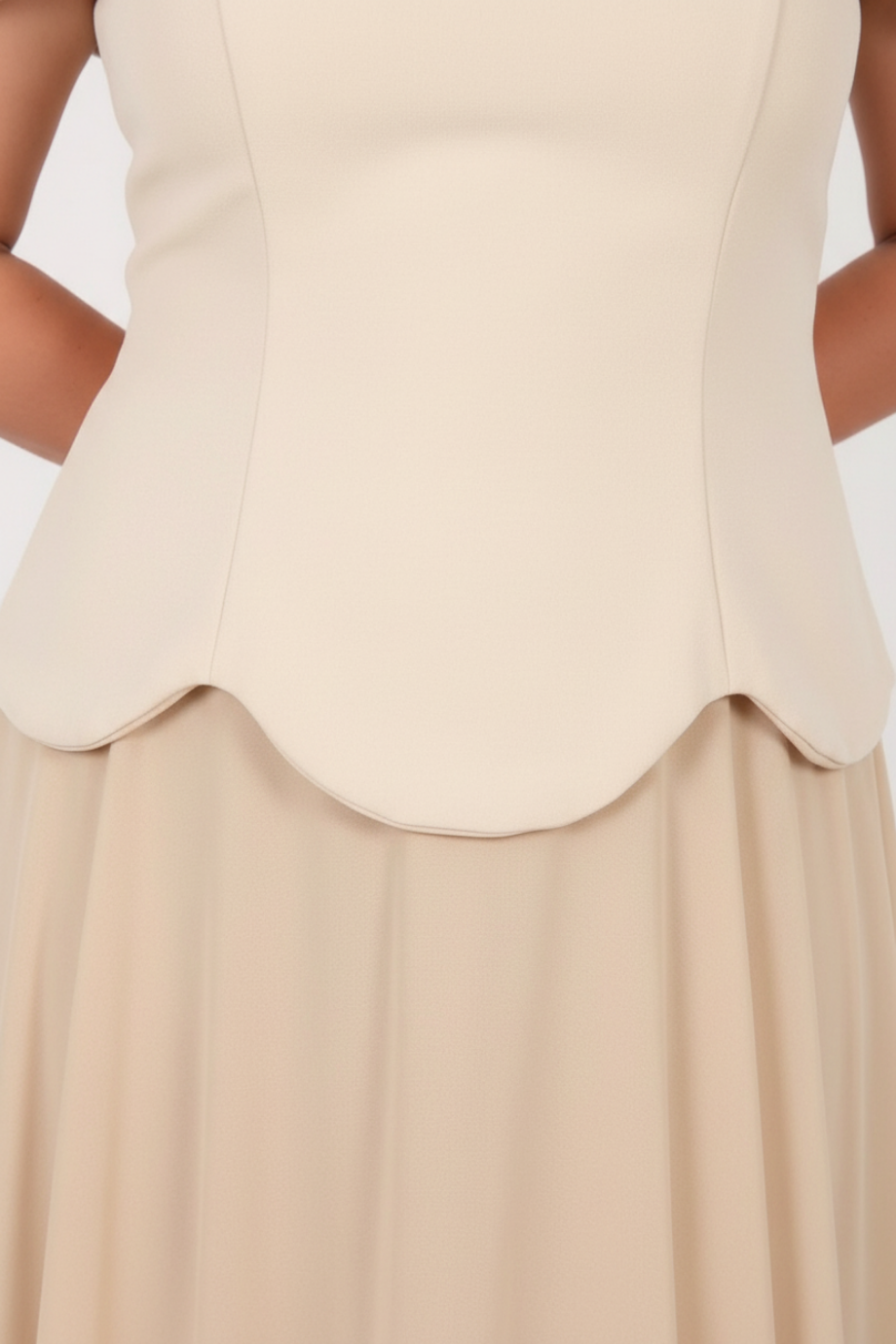 Büyük Beden Tül Etek Şal Detay Krep Abiye Bej