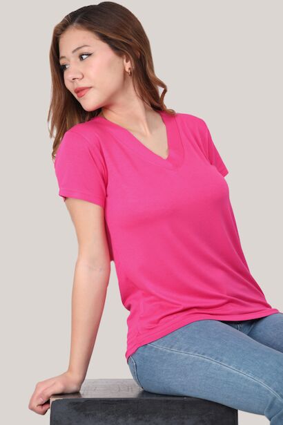 Kadın V Yaka T-shirt Fuşya