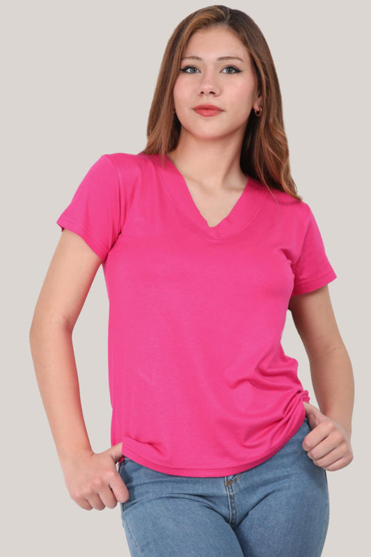 Kadın V Yaka T-Shirt Fuşya