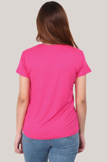 Kadın V Yaka T-shirt Fuşya