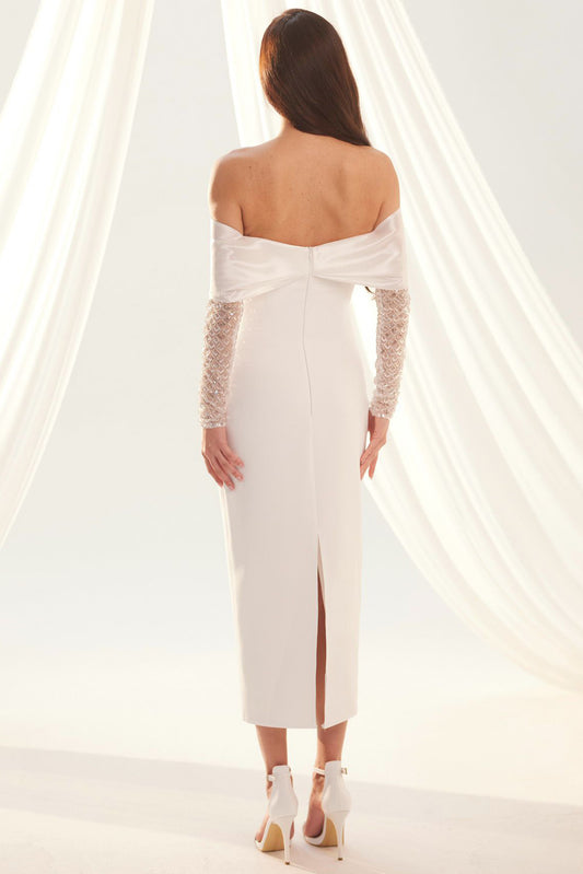 Kadın Yaka Kurdale Detay Dabl Abiye Beyaz