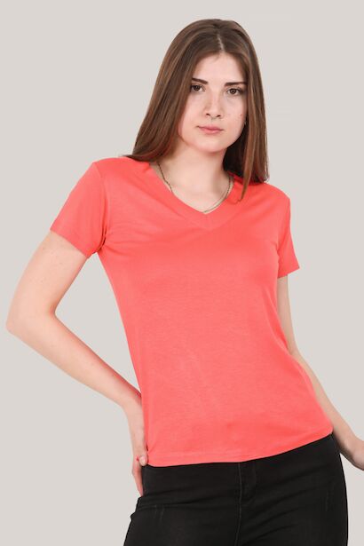 Kadın V Yaka T-shirt Nar