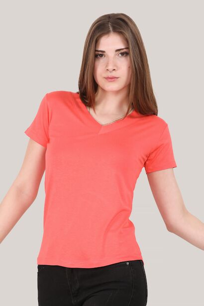 Kadın V Yaka T-shirt Nar