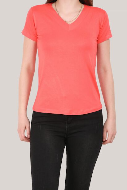 Kadın V Yaka T-shirt Nar