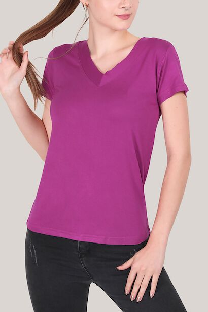 Kadın V Yaka T-shirt Mürdüm