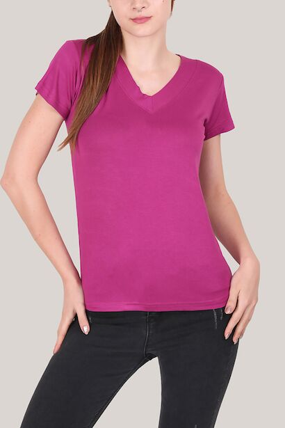 Kadın V Yaka T-shirt Mürdüm