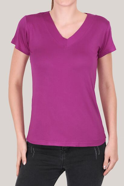 Kadın V Yaka T-shirt Mürdüm