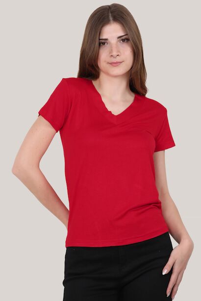 Kadın V Yaka T-shirt Kırmızı