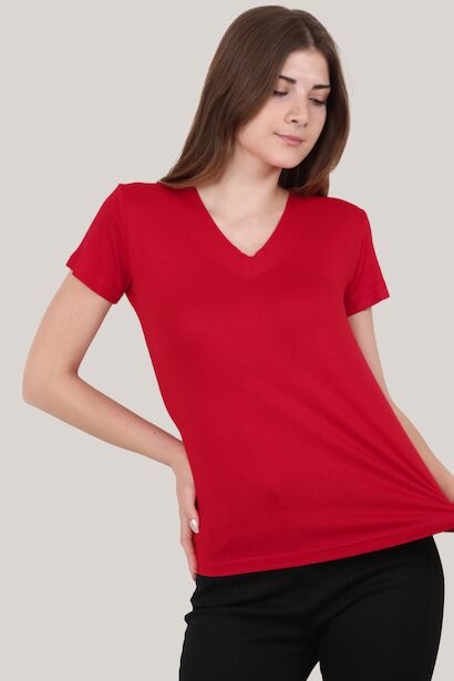 Kadın V Yaka T-shirt Kırmızı