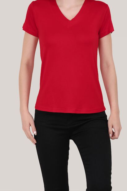 Kadın V Yaka T-shirt Kırmızı