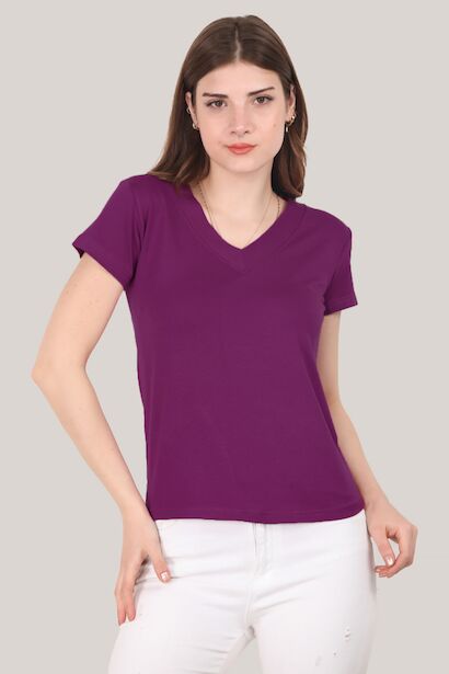 Kadın V Yaka T-shirt Mor