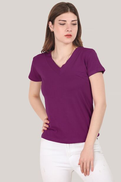 Kadın V Yaka T-shirt Mor